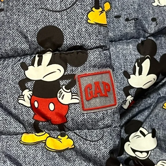 GAP Kids Puffer Jacket in Heather Blue with Mickey Mouse Print and Red Trim - Picture 3 of 3